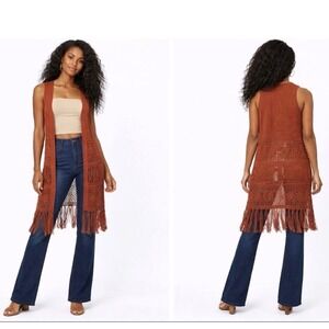 NWT Moon River Rust Orange Crochet Fringe Longline Knit Vest‎ Duster Size Small